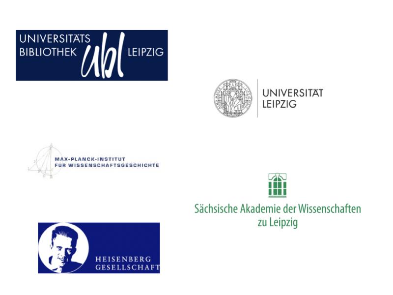 Logos von UBL Leipzig, Universität Leipzig, Sächsische Akademie der Wissenschaften zu Leipzig, Heisenberg Gesellschaft und MPI für Wissenschaftsgeschichte