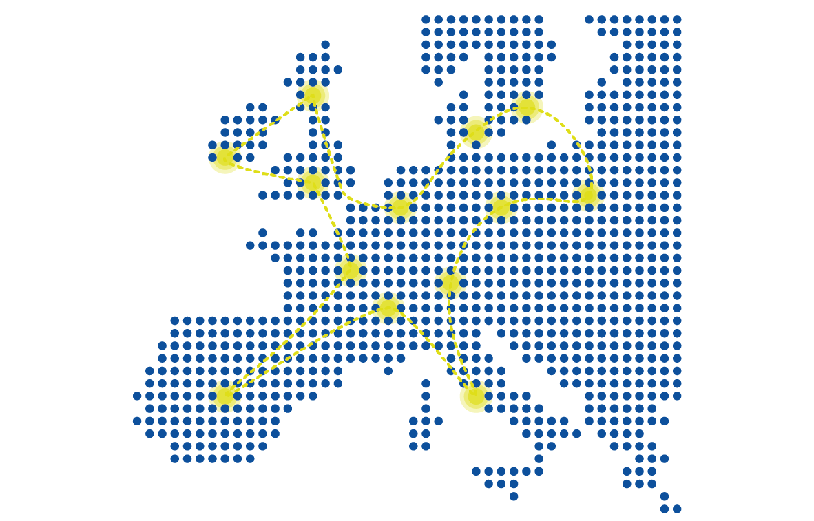 Eine gepunktete Karte von Europa, die einzelne Punkte hervorhebt