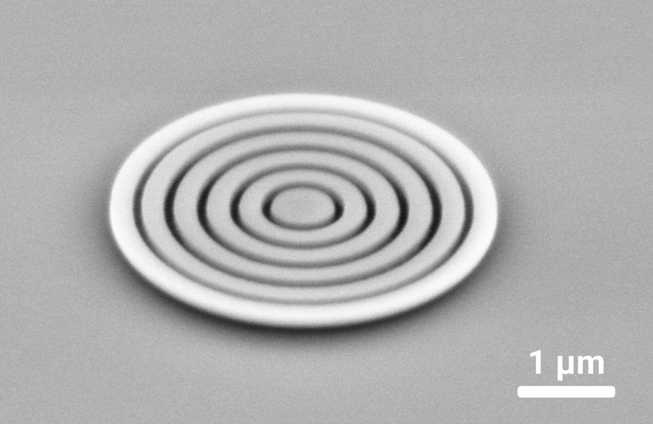 Ein graues Bild einer Rasterelektronmicroskop-Aufnahme, die konzentrische Ringe zeigt